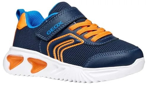 Geox J ASSISTER BOY Sneaker mit Blinkfunktion, Klettverschluss in Blau/Orange, Größe 28 EU - Modischer Sneaker für Kinder mit praktischen Klettverschluss und blinkenden Lichtern. Ideal für Freizeitaktivitäten und sorgt für einen coolen Auftritt. Mit herausnehmbarer Innensohle und hochwertigem Material.