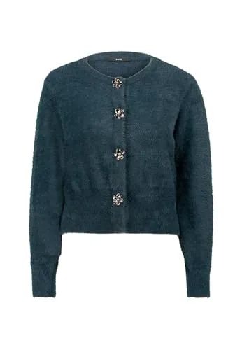 zero Damen Strickjacke mit Blumenknöpfen 34, Teal Ocean - Figurbetonte Strickjacke mit langen Ärmeln und rundem Ausschnitt, verziert mit einzigartigen Blumenknöpfen – perfekt für einen eleganten Look!