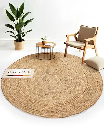 carpetfine Juteteppich Nele Beige handgewebt aus Jute Ø 60 cm | Kleiner Naturfaserteppich Rund im Boho Style für Wohnzimmer, Küche und im Flur