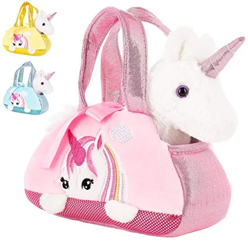 BRUBAKER Einhorn Tasche Weiß - 20 cm - Plüschtier in Handtasche - Plüsch Stofftier Kuscheltier - Rosa