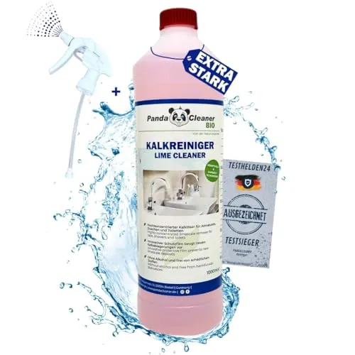 PandaCleaner Kalkreiniger Bad mit Abperleffekt - 1L Badreiniger Spray - WC Reiniger extra stark - Kalk und Schmutz Reiniger - Sehr Ergiebig – Made in Germany (1000ml + Sprühkopf)