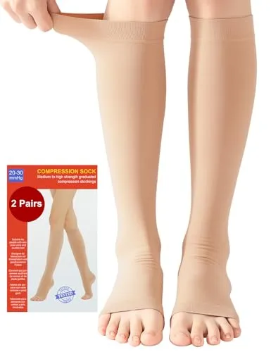 Paar Kompressionsstrümpfe 20-30 mmHg, Offene Spitze, Beige, Größe L
