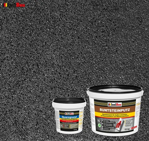 Buntsteinputz SET Mosaikputz BP 100 (anthrazit) 15 kg + Quarzgrund 1,5 kg - Mörtel, Putz, Zement & Gips – Flexibler, gebrauchsfertiger Mosaikputz, ideal für Innen- und Außenbereiche, frostbeständig und schimmelresistent, mit hervorragender Deckkraft.