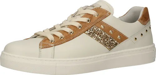 Nero Giardini Sneaker in Milk Gold - Modischer Low Sneaker aus Leder/Synthetik mit Glitzerstreifen und Nieten, ideal für trendbewusste Schuhliebhaberinnen. Perfekte Passform durch Schnürung und atmungsaktive DryGo! Decksohle.