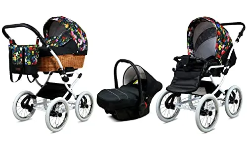 BabyLux Kinderwagen 3in1 mit Autositz für Kleinkinder – Kinderwagen für Neugeborene und Kleinkinder –– Baby Neugeborenen Kinderwagen – 59x105x125cm – Max 15kg – Garden Flowers White Frame