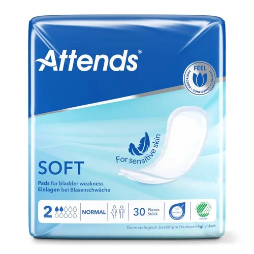Attends Soft 2 Normal Großpackung, 120 Stück - Inkontinenzhilfen: Diskrete und saugfähige Einlagen für leichte Blasenschwäche, mit extra weicher Vliesoberfläche für hohen Tragekomfort und zertifizierter Hautverträglichkeit.