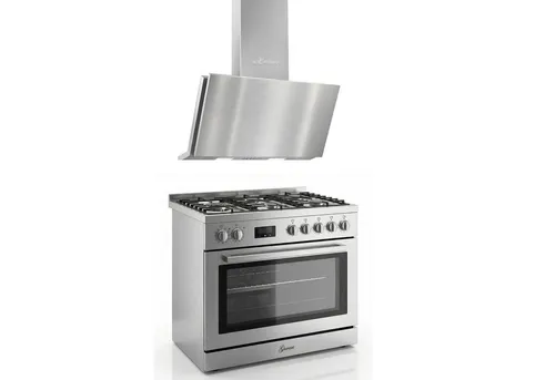 GURARI Gas-Standherd Edelstahl 90 cm mit Dunstabzug - Kochfeld mit 5 Zonen, 126 l Backofenvolumen, energieeffizient und mit Selbstreinigungsfunktion. Ideal für anspruchsvolle Kochabenteuer in der modernen Küche.
