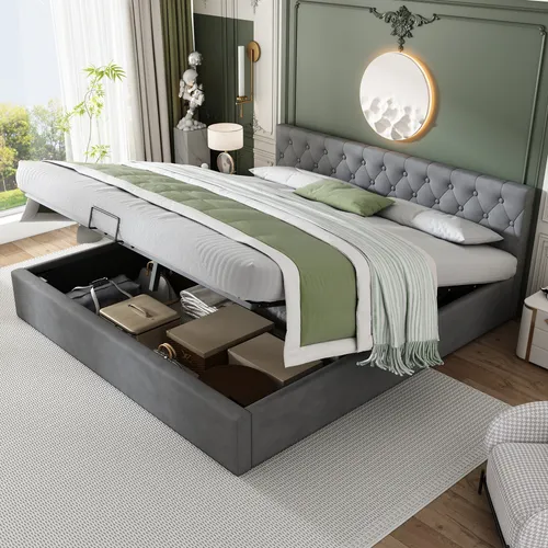 Polsterbett 180x200 cm mit Lattenrost und Bettkasten - Grau - Stylisches Stauraumbett mit gepolstertem Kopfteil und robustem Holz-Metall-Gestell. Ideal für modernen Wohnraum, bietet zusätzlichen Stauraum und hohen Komfort.