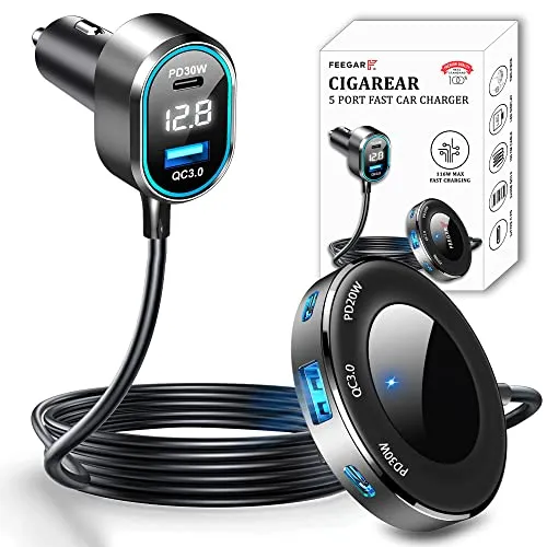 Feegar CigaRear 116W, 5X USB QC 3.0 PD 30W Auto Ladegerät, 12V/24V Zigarettenanzünder Adapter USB KFZ Verteiler LED Spannunganzeige für Smartphone Tablet Dashcam GPS