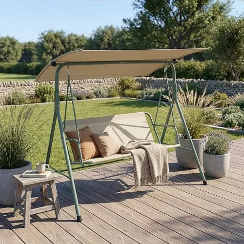 Hollywoodschaukel 'Satten' 3-Sitzer mit Sonnendach - Hellgrün / Beige - Komfortable 3-Sitzer-Hollywoodschaukel mit verstellbarem Sonnendach, ideal für entspannte Stunden im Garten. UV-beständige und wasserresistente Bespannung sorgt für Langlebigkeit. Schneller Aufbau garantiert!
