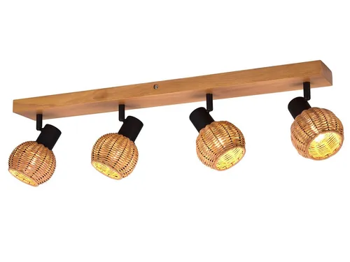 meineWunschleuchte Deckenstrahler, 4-flammig aus Holz und Rattan - Lampen im skandinavischen Design, dreh- und schwenkbare Rattan-Lampenschirme für blendfreies Licht. Ideal für Wohnzimmer, Schlafzimmer und Flur.