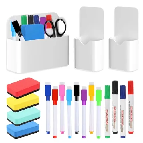 MENUY 19 Stück Whiteboard Zubehör, Magnetischer Stiftehalter Set mit 12 Whiteboard Markern Magnetisch, 4 Schwamm whiteboard, für Zuhause, Büro, Schule