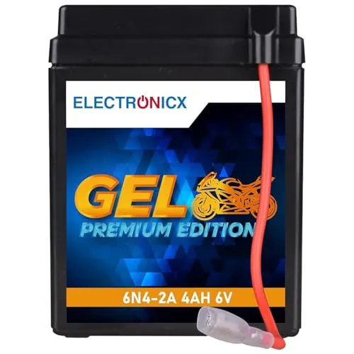 Electronicx, GEL, Motorrad Batterie 6N4-2A 6V 4Ah– wartungsfreie, versiegelte, rüttelfeste und auslaufsichere Starterbatterie mit VRLA-Gel-Technologie– kompakt. 84mm×71mm×93 mm-Quad, ATV.