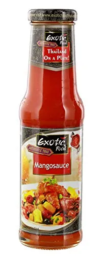 Exotic Food Mangosauce 250 ml - Würzsauce mit 18% Mangoanteil, ideal für kreative Grillgerichte und asiatische Küche. Ein Hauch von Chili verleiht der Sauce eine besondere Schärfe.