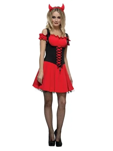Smiffys Fever Kollektion - Sündhafter Teufel Damenkostüm, Rot mit Kleid, Unterrock und Hörnern, ideal für Karneval und Halloween