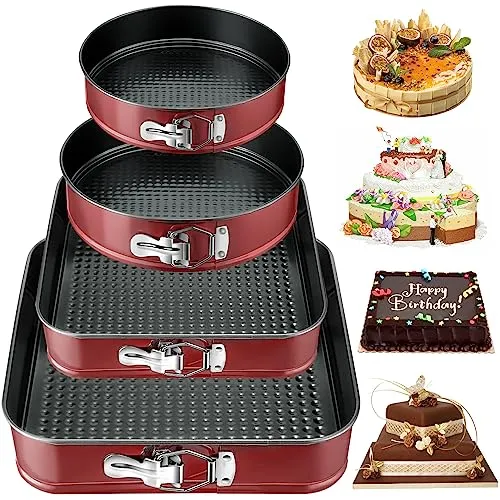 FAMKEEP Springform Kuchenform Set 4 Stück Kuchenformen,Abnehmbarer Flachboden,Auslaufsicher Antihaft,Runde Backform,Tortenform zum Backen Verschiedener Kuchen unt Brot (16/20/22/26 cm)- Rot