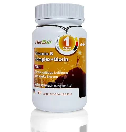 HerbBio Vitamin B-Komplex hochdosiert, 90 vegane Kapseln | mit Biotin Forte und Folsäure, laborgeprüft, Made in Germany