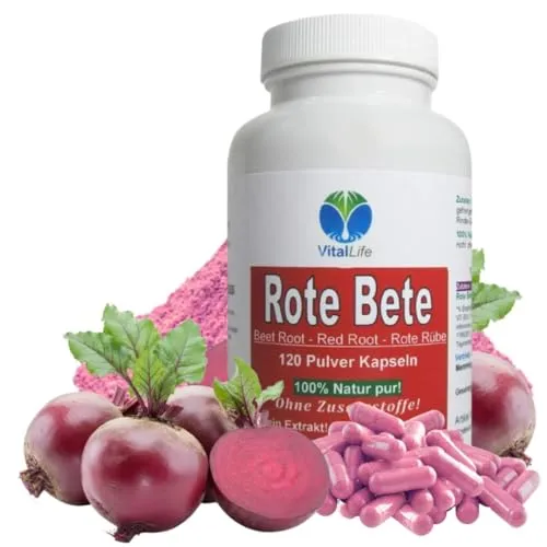 VitalLife Rote Beete Kapseln - Reines Wurzel-Pulver ohne Zusatzstoffe - Reines Rote Beete Wurzel-Pulver in Kapseln, 100% NATUR pur. Ideal zur Unterstützung von Energie und Ausdauer im Alltag und beim Training. Vegetarische Kapseln für schnelle Freisetzung.