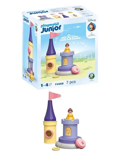 PLAYMOBIL JUNIOR | Disney | Belles Spielturm mit Melodie | inklusive mechanischer Spieluhr | nachhaltiges Spielzeug aus biobasierten Kunststoffen | für Kinder ab 1 Jahr | 71458