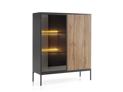 Emporius Haller Vitrinenschrank 100 cm, Glasvitrine Stehend - Highboard, Vitrine, Glasvitrine Schwarz mit LED und Lamellen - 126 cm hoch