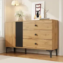 Sideboard Aus Spanplatte In Schwarz/natur, 120 X 35 X 76 Cm, 1 Schrankfach Und 3 Schubladen