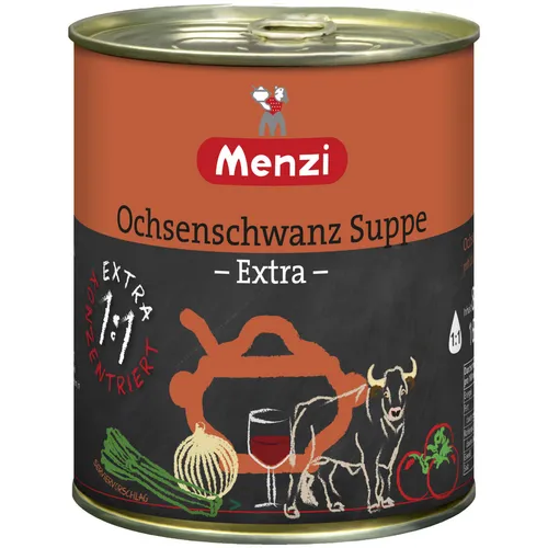 Menzi Ochsenschwanz Suppe Extra viel Rindfleisch 800ml - Haltbare Suppe mit extra viel Rindfleisch, ideal für 6-8 Portionen. Genießen Sie den vollmundigen Geschmack dieser konzentrierten Ochsenschwanzsuppe.