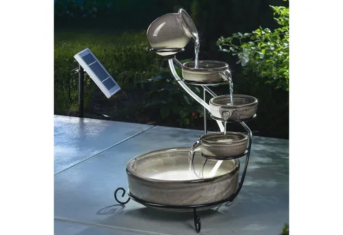 esotec Gartenbrunnen Solar Kaskadenbrunnen Pisa aus Keramik, Akku + LED-Licht H=55cm 101300