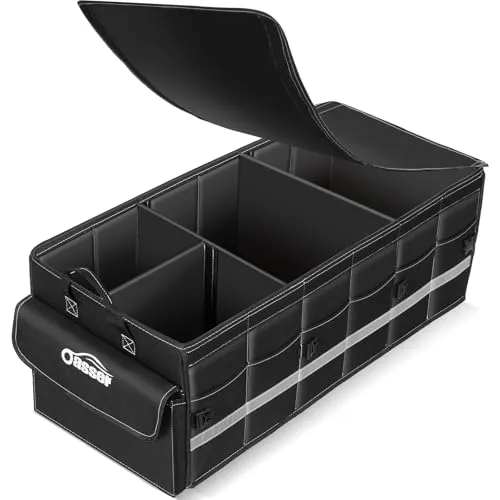 Oasser Kofferraum Organizer faltbar 75L mit weichen Deckel 4 Fächer Auto Organizer 30kg Tragkraft vielseitig einsetzbar extra groß Schwarz