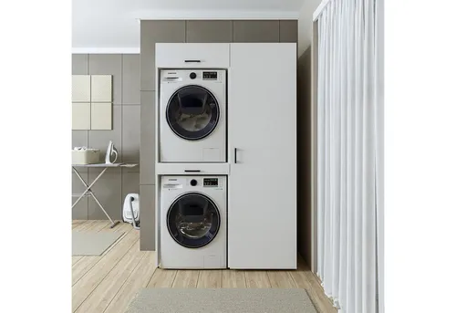 Roomart Waschmaschinenschrank für Trockner auf Waschmaschine - 112 cm - Praktischer Waschmaschinenschrank in 3 Farben, ideal für Trockner auf Waschmaschine. Mit Klappschrank und Hochschrank für optimalen Stauraum. Höhenverstellbare Regalböden und einfache Montage.