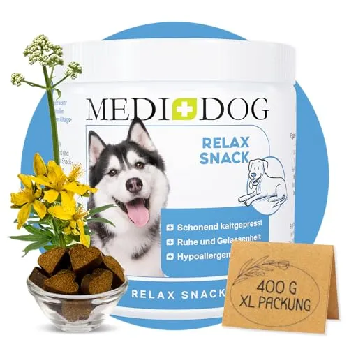 MEDIDOG Relax Snack – 400 g – kaltgepresste Drops, das Beruhigungsmittel für alle Hunde bei Angst, Stress und Nervosität – mit Baldrian und L-Tryptophan