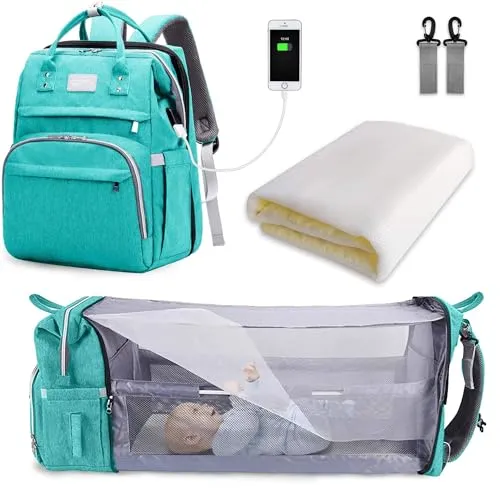 SNDMOR Wickeltasche Rucksack, wickelrucksack mit bettfunktion Großer, Multifunktionale Diaper Bag Mit Wickelunterlage, Kinderwagen-Haken, Geeignet für Mama und Papa (Mintgrün)