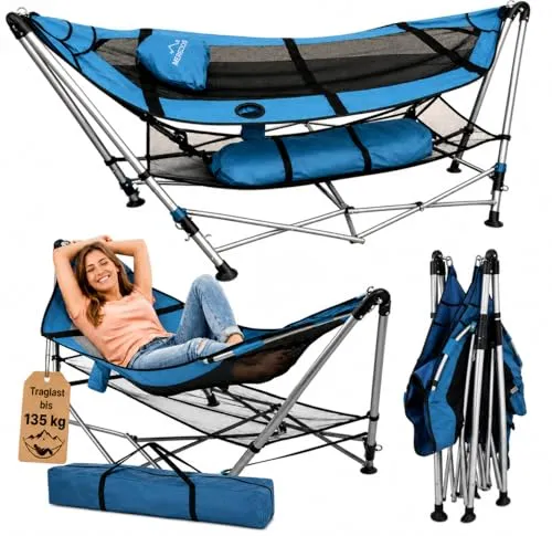 Camping Hängematte mit Gestell – Klappbar bis 135 kg, Tragbar mit Kissen & Getränkehalter