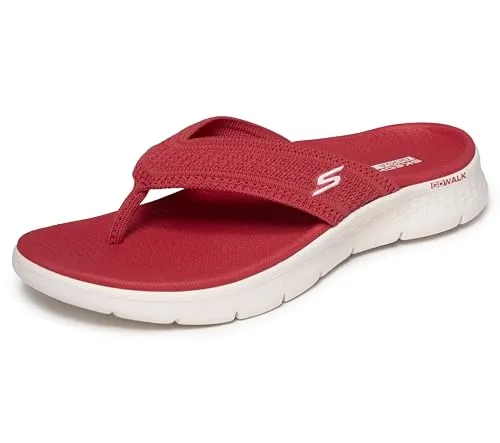 Skechers Go Walk Flex Sandal Holly Damen Zehentrenner Rot - Moderne Damen Zehentrenner in Rot mit Quick-Dry-Obermaterial. Das anpassungsfähige Goga Mat Fußbett und die leichte Dämpfung bieten höchsten Komfort. Ideal für den Alltag und aus 100% veganen Materialien hergestellt.