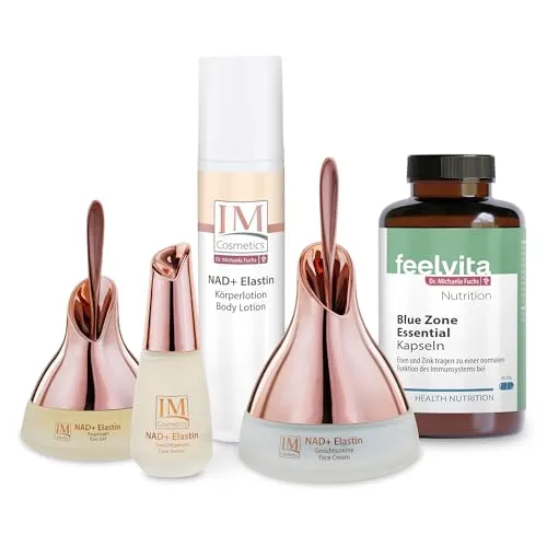 Genius Feelvita IM Cosmetics NAD+ Elastin Inside-/Out Set 5-tlg. mit Anti‑Aging Gesichtscreme & Serum, Augengel, Körperlotion & Blue Zone Essential Kapseln (90 Stück)- für sichtbar straffere Haut