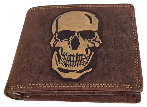 Einkaufszauber Herren Geldbörse aus echtem Büffelleder mit Totenkopf-Motiv - Stilvolle Geldbörse aus naturbelassenem Büffelleder mit 11 Kartenfächern und einem einzigartigen Totenkopf-Prägung in Kupfergold. Handgefertigt, robust und individuell.