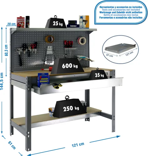 SimonRack Werkbank 600 kg Belastbarkeit - Robuste Arbeitsfläche mit 1 Schublade - Werkbank mit 600 kg Tragfähigkeit, ideal für Werkstätten und Garagen. Große Holz-Arbeitsplatte und praktische Schublade für optimale Organisation.