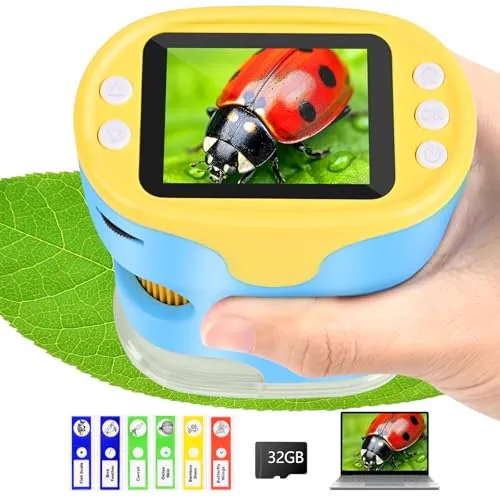 Mikroskop für Kinder, Vankarr 1000X Digitale Taschenmikroskop Tragbares Mini Handy Mikroskope mit 32GB SD-Karte, 2-Zoll-IPS-Bildschirm, Objektträgerproben, Geschenk für Kinder Studenten, Blau