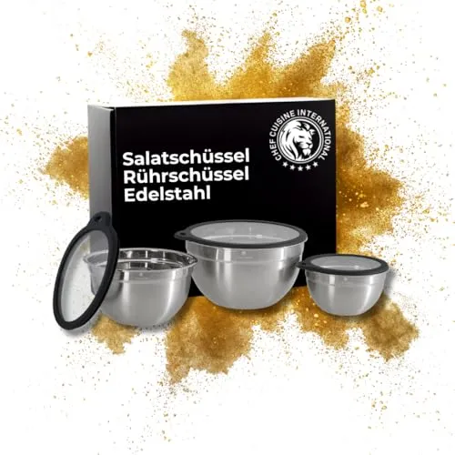 CHEF CUISINE Edelstahl-Schüssel 3er Set mit Glasdeckel