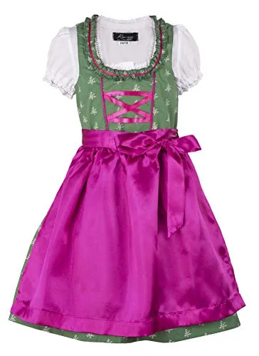 Ramona Lippert® - Kinder Dirndl für Mädchen - Kinderdirndl Franziska in Dunkelgrün - 3-teiliges Trachtenkleid - Tracht mit Schürze (grün, 122/128)
