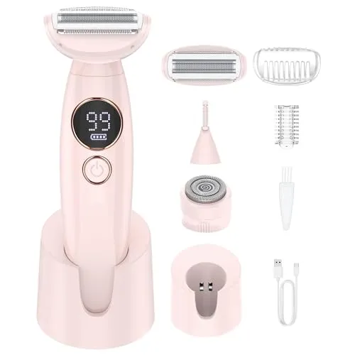 Rasierer Damen,3-In-1 Intimrasierer für Frauen,Gesichtshaarentferner für Frauen,Damenrasierer Elektrisch Nass-Trockenrasierer IPX7 Trimmer Damen,für Bikinizone Achseln Beine,USB-Aufladung,Rosa