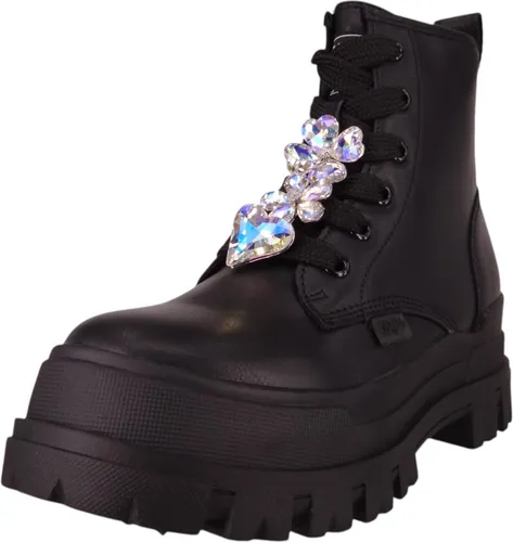 BUFFALO Schnürstiefelette Damen, Gr. 40, schwarz - Wanderschuhe mit warmem Futter und Schmuckdetails, ideal für kalte Tage. Der Blockabsatz bietet Komfort und die profilstarke Sohle sorgt für sicheren Halt.