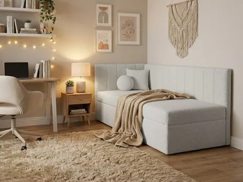 Beautysofa Einzelbett 90×200 RAFI – Modernes Eckbett mit Bettkasten - Das Eckbett RAFI 90×200 bietet modernen Stil und hohen Komfort. Mit geräumigem Bettkasten für mehr Ordnung, ideal für Kinder- und Jugendzimmer. Der weiche Bouclé-Stoff sorgt für ein trendiges Ambiente.