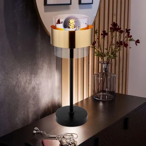 GLOBO LIGHTING Tischleuchte - Elegante Tischlampe für Wohnzimmer und Schlafzimmer - Nachttischleuchten mit stilvollem Design aus schwarz-mattem Metall und rauchigem Glas, dimmbar und ideal für individuelles Lichtambiente.