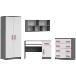 Deine Möbel 24 Kinderzimmer-Set INGE III, Weiß/Grau/Rosa - Modernes Kinderzimmer-Set für kreative Räume: Das INGE III bietet flexible Kombinationen, hochwertige Materialien und individuelle Holzgriffe in verschiedenen Farben. Ideal für Kinder- und Jugendzimmer!