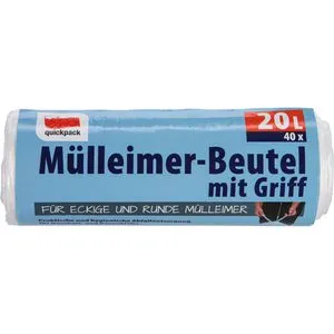 Quickpack Müllbeutel 20 Liter, mit Tragegriffen, transparent, 40 Stück