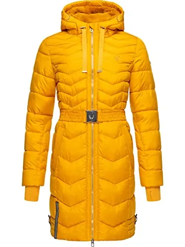 Navahoo Damen Wintermantel Steppmantel mit Taillengürtel - Alpenveilchen Yellow, Gr. XL - Funktionsjacke mit stylischer Zick-Zack-Steppung, warm gefüttert und ideal für Herbst und Winter. Bewegungsfreiheit durch Gehschlitze und taillierter Schnitt für eine tolle Figur.