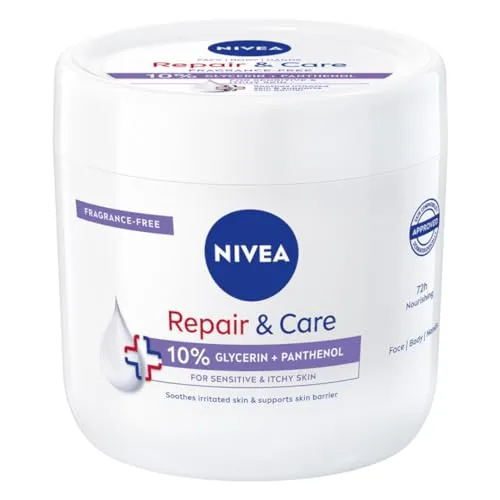 NIVEA Körpercreme Repair & Care 400 ml, Allzweckcreme ohne Duft für empfindliche und gereizte Haut, schnell einziehende Körpercreme, Gesicht und Hände, angereichert mit Panthenol und Glycerin