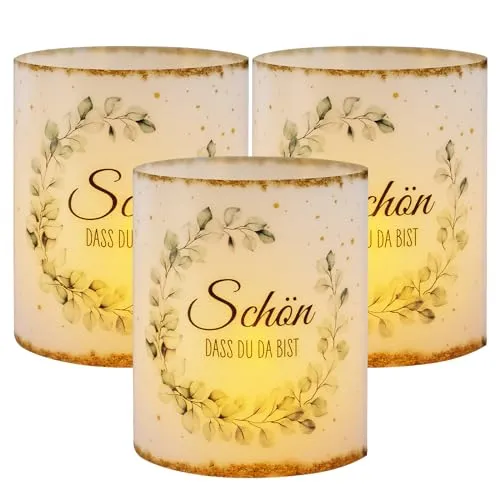 BETESSIN 12 Windlicht Tischdeko Schön DASS du da bist Teelichter Kerzen Deko Lichthülle Taufe Kommunion Deko Mädchen Junge Eukalyptus Grün mit Goldglitzer für Teelichter und Kerzen