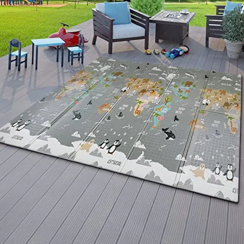 TT Home Kinder Matte Faltbar Spielmatte Baby Krabbelmatte Tier Motiv Abwischbar Weltkarte, Farbe:Grau Grün Beige, Größe:180x200 cm