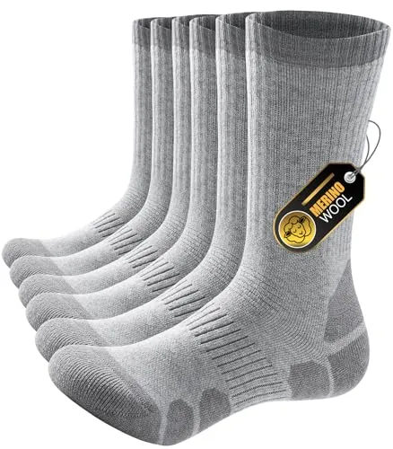 PULIOU Merino Socken Herren Damen Thermosocken Wandersocken Outdoor & Trekking-Socken, Anti-Blasen, Gepolstert Arbeitssocken Wintersocken，Grau 35-38